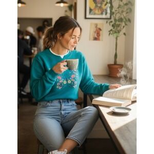 Twee CottageCore Fairy Whimsy Grandma Teal Butterfly Embroidered Sweatshirt- M